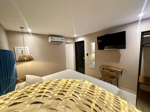 a bedroom with a bed and a tv and a desk at Hotel Londres in Valledupar