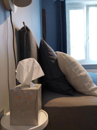 a box of tissues sitting on a couch with pillows at La Cabane du Pecheur in Honfleur