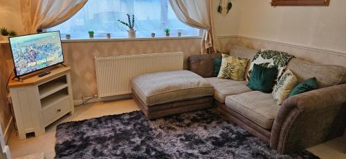 a living room with a couch and a flat screen tv at Barton Beach First Floor Holiday Apartment Mablethorpe in Mablethorpe