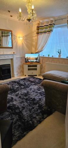 a living room with a fireplace and a large rug at Barton Beach First Floor Holiday Apartment Mablethorpe in Mablethorpe