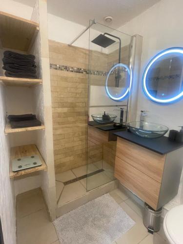 une salle de bain avec une douche en verre et un lavabo dans l'établissement Appartement T3 60m2 avec vue sur l'Océan, à Seignosse