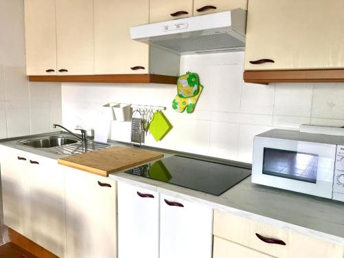 a kitchen with a sink and a microwave at Casita Alma Zen in Costa de Antigua