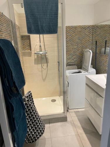 une salle de bain avec une douche, des toilettes et un lavabo dans l'établissement Studio cabine L Escale Plage, au Grau-du-Roi