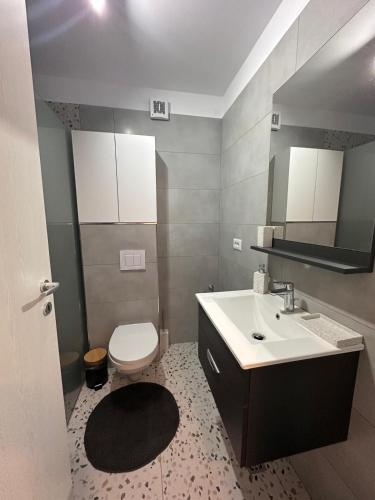 a bathroom with a white sink and a toilet at Myhouse 2 in Ploieşti