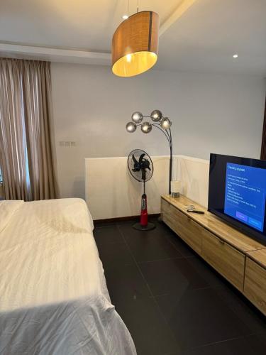 Un dormitorio con una cama y un televisor de pantalla plana. en The Loft Garden, en Lekki