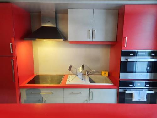 - une cuisine rouge avec évier et cuisinière dans l'établissement Évasion - Appartement 6 Prs, 2 Ch, avec Balcon, à Dijon