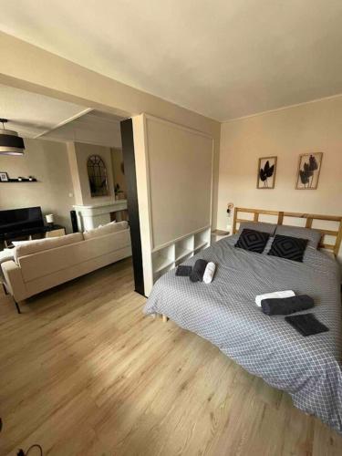 une chambre avec un lit et un salon dans l'établissement T1Bis - Coeur de Perpignan, à Perpignan