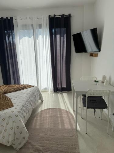 a bedroom with a bed and a desk and a television at EXCEPTIONNEL Appartement VERSAILLES in Rocquencourt