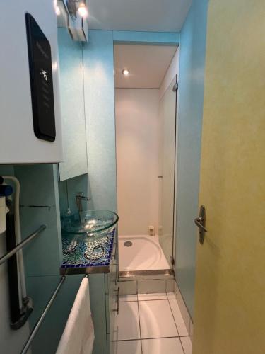 une salle de bain avec une douche, un lavabo et une baignoire dans l'établissement Sol-y-Days Baronnets, rez-de-chaussée avec grand jardin proche centre et plages, au Grau-du-Roi