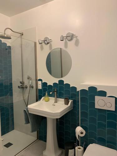 een badkamer met een wastafel en een douche bij Maison année 30 chic et cosy in Lorient