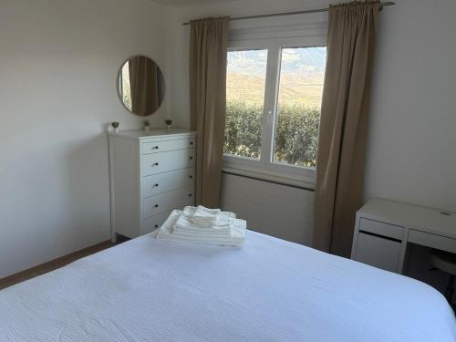a bedroom with a bed with a mirror and a window at Appartement entier avec terrasse et jardin in Sion