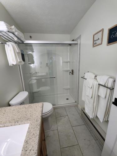 a bathroom with a shower and a toilet and a sink at Nautical Mile Resort in Wells