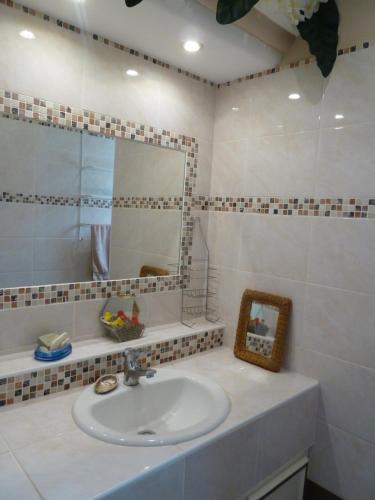 une salle de bain avec un lavabo et un miroir dans l'établissement VIALA Alain, à Perros-Guirec