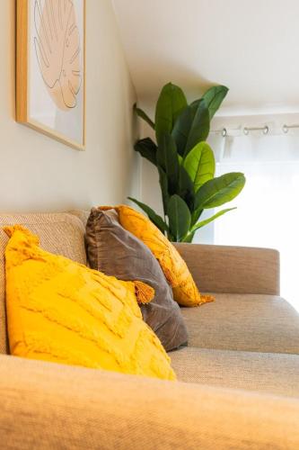 - un canapé avec des oreillers jaunes et une plante dans la chambre dans l'établissement Duplex Confortable en Centre avec 2 Chambres, à Châlons-en-Champagne