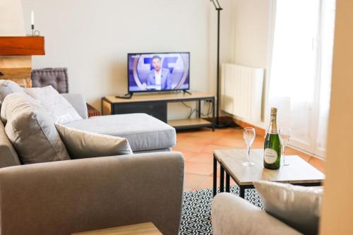 a living room with two couches and a television at La villa Fontaine in Moussy