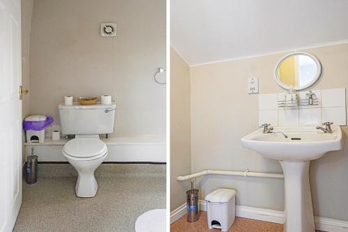 two pictures of a bathroom with a toilet and a sink at The Billingford Horseshoes in Scole