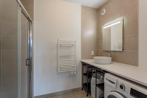 une salle de bain avec un lavabo et un miroir dans l'établissement HAIZEA appartement avec terrasse au cœur de Chiberta, à Anglet