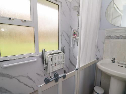 a bathroom with a sink and a toilet at Nanny Jill's Cabin in Penrydd
