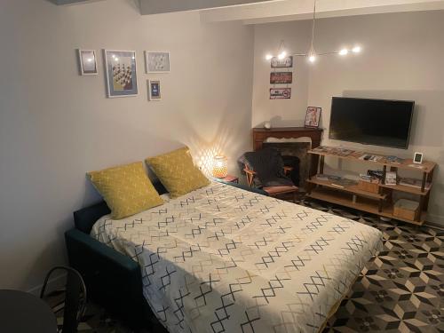 a bedroom with a bed and a flat screen tv at Place au Repos in Mouilleron-en-Pareds