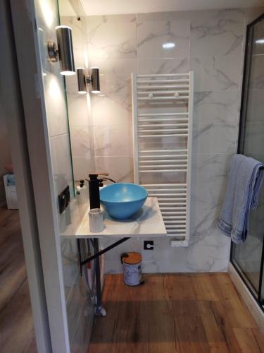 La salle de bains est pourvue d'un lavabo et d'un bol bleu sur un comptoir. dans l'établissement Nid des Halles, Wi-Fi, Centre-ville, à Luçon