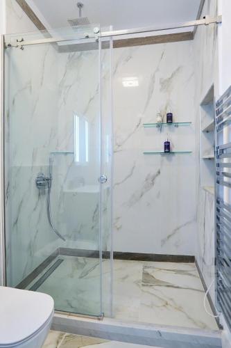 a bathroom with a glass shower with a toilet at Apartments Garitsa 1 in Ágios Rókkos
