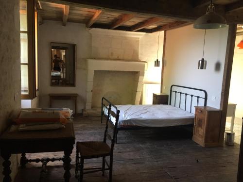 a bedroom with a bed and a fireplace at Gite La Ferme En Sud Charente in Montboyer