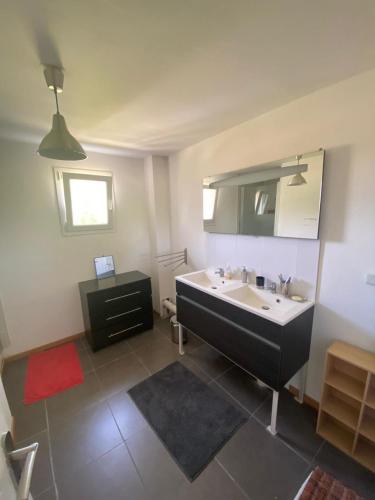 La salle de bains est pourvue d'un grand lavabo et d'un grand miroir. dans l'établissement La Maison aux Paupières Bleues, à Ruca