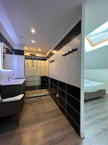 a bathroom with a shower and a sink and a tub at Charmante maison de ville aux portes de Dole in Crissey