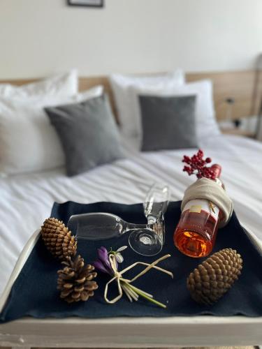 a tray with a bottle of honey and pine cones at Apartment for rest in Borovets in Borovets