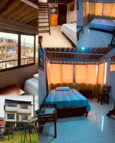 three views of a room with two beds and a balcony at Mirador de Rosales in Dosquebradas