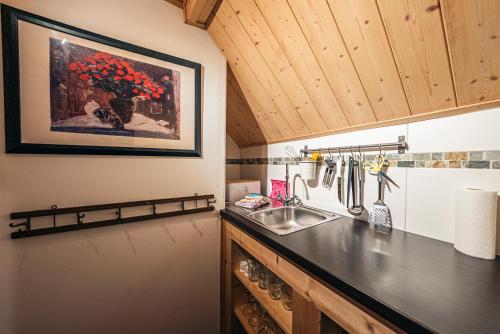 a kitchen with a sink and a painting on the wall at SIEGLGUT in Altaussee