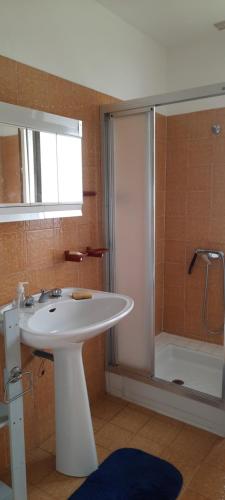 une salle de bain avec un lavabo blanc et une douche dans l'établissement Ty Tad, à Plougonvelin