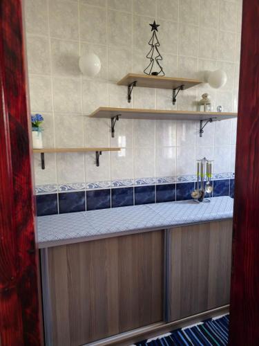 a kitchen with blue and white tiles on a counter at Vila Marina in Buljarica