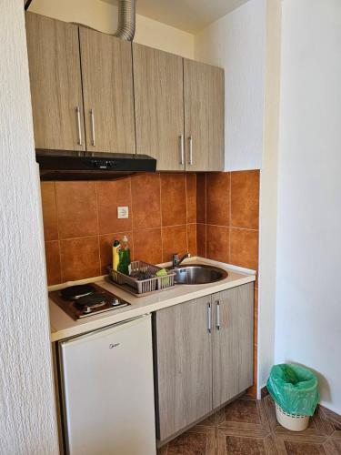 a small kitchen with a sink and a stove at Vila Marina in Buljarica