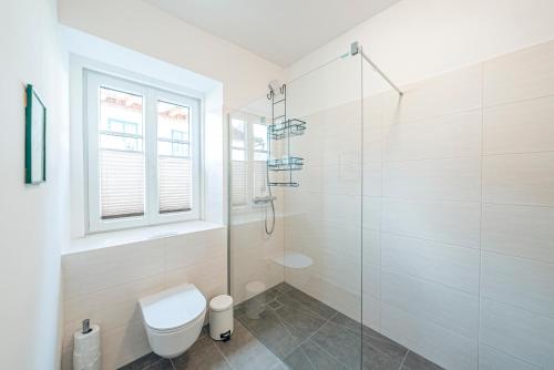 a bathroom with a toilet and a glass shower at SIEGLGUT in Altaussee