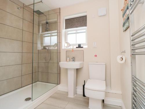 a bathroom with a toilet and a sink and a shower at Sunny Bay in Reighton