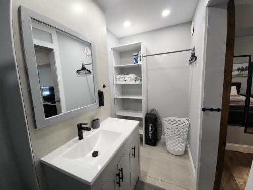 Un baño con lavabo, espejo y ducha. en SeaBreeze Suite - Experience Comfort and Style!, en Atlantic City
