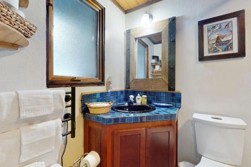 a bathroom with a sink and a toilet and a mirror at Hyak Duplex Cabin in Snoqualmie Pass