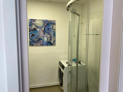 a bathroom with a shower and a painting on the wall at Apartment Seehund in Kiel