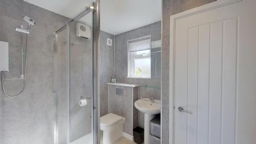 a bathroom with a shower and a toilet and a sink at D20 Glendon, Riviere Towans in Hayle