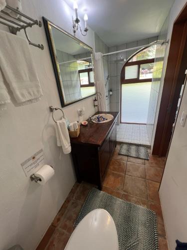 a bathroom with a toilet and a sink and a mirror at Hacienda del Lago Boutique Hotel in Ajijic