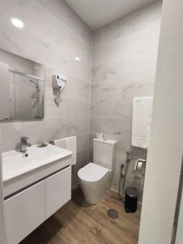 a white bathroom with a toilet and a sink at Residencial Centro Comercial Avenida Bragashopping in Braga