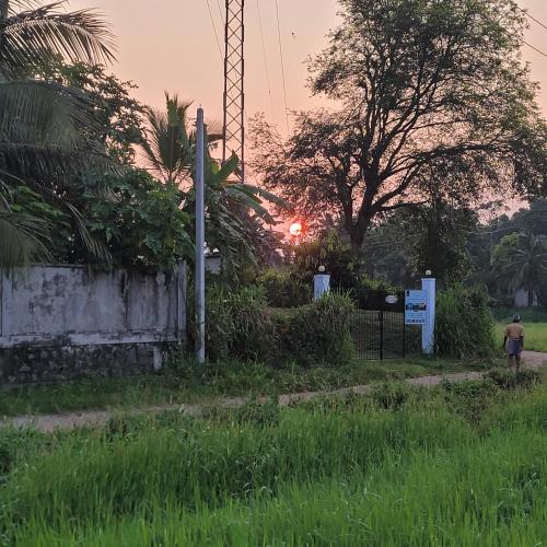a person walking down a road with the sunset in the background at Sampatha Southern Villa & Restaurant & Cooking class -Talalla in Talalla