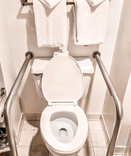 a bathroom with a white toilet with towels on the wall at Quality Inn Selinsgrove in Selinsgrove