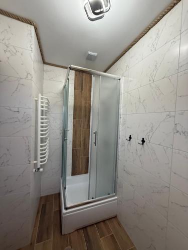 a shower with a glass door in a bathroom at Apartament z tarasem i pokoje KLIMATYZOWANE -Drozdówka Solina in Solina