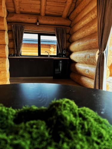 a room with a table with a view of the ocean at EastWood Cabins in Moisei