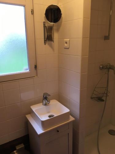 une salle de bain avec un lavabo et une douche dans l'établissement Grande chambre renaissance, à La Celle-sous-Gouzon