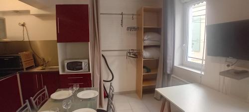 une cuisine avec un comptoir avec deux lavabos et un four micro-ondes dans l'établissement studio zen, à Narbonne