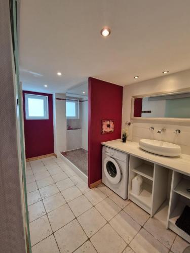 une salle de bain avec une machine à laver et un lavabo dans l'établissement le Doumayne, à Libourne