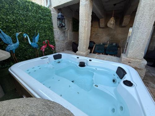 a jacuzzi tub in a yard with two birds at La Casa del Horreo in Combarro